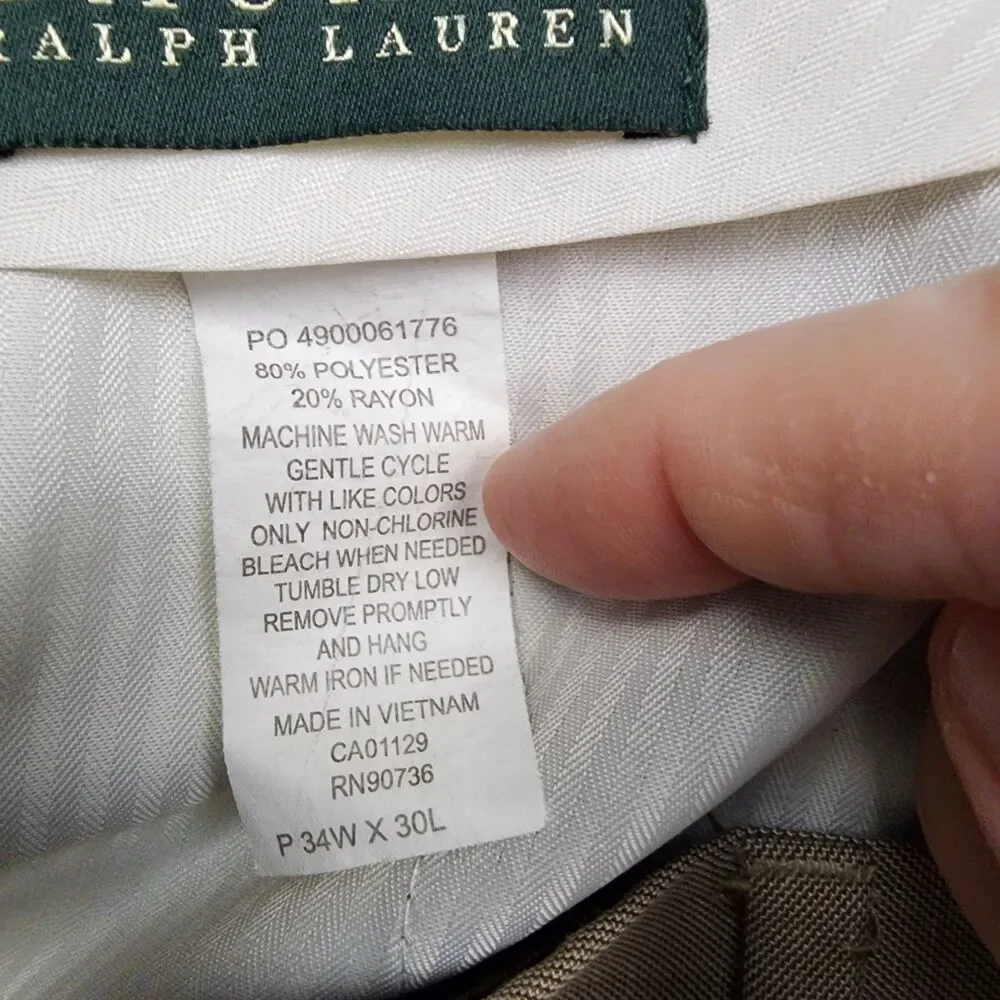 Lauren Ralph Lauren Mens 34x30 Beige Slacks Flat Front Straight Leg Dress Pants